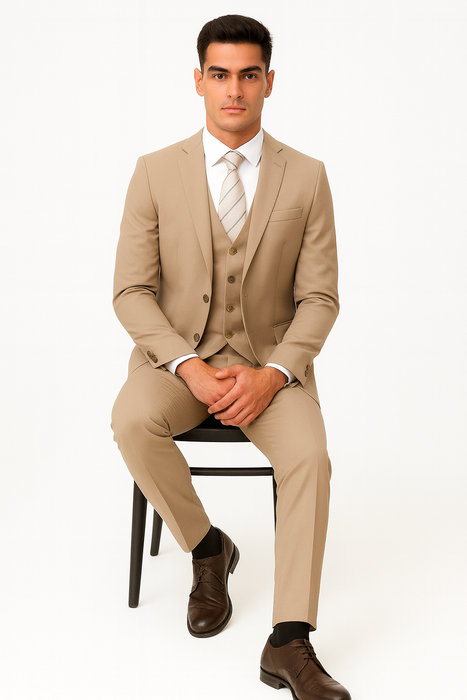 Men’s Tan Modern Fit 3-Piece Suit with Vest – Stylish Vested Formal Wear