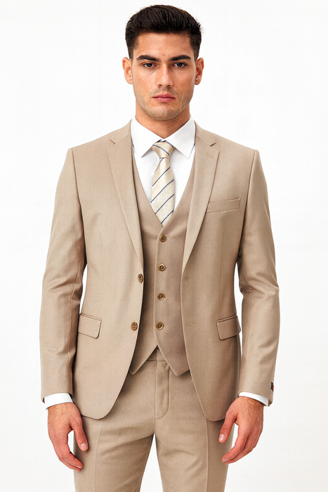 Men’s Tan Modern Fit 3-Piece Suit with Vest – Stylish Vested Formal Wear