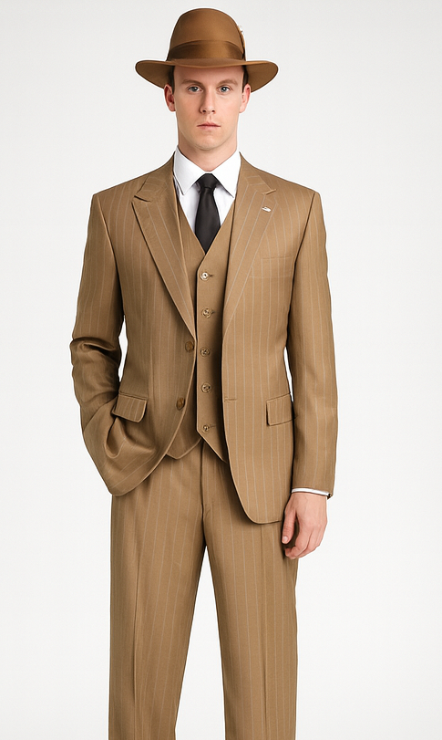 Mens Tan Pinstripe Zoot Suit – 1920s Gangster Vintage 3-Piece Suit with Wide-Leg Pants Tan / 46 Regular Jacket+40 Waist Adjust 36to42)(Height: 5'7