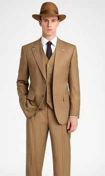 Mens Tan Pinstripe Zoot Suit – 1920s Gangster Vintage 3-Piece Suit with Wide-Leg Pants