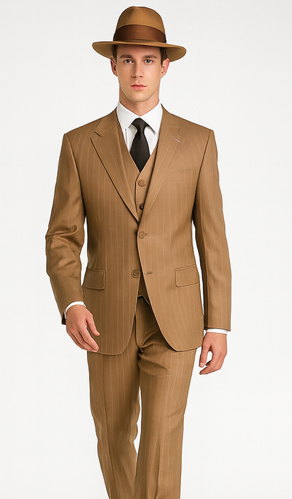 Mens Tan Pinstripe Zoot Suit – 1920s Gangster Vintage 3-Piece Suit with Wide-Leg Pants