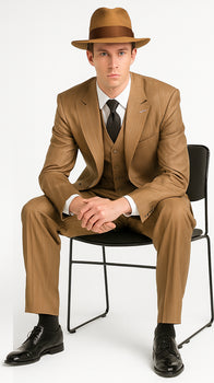 Mens Tan Pinstripe Zoot Suit – 1920s Gangster Vintage 3-Piece Suit with Wide-Leg Pants