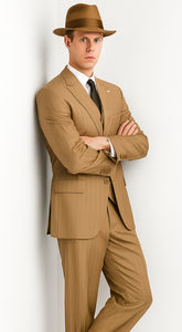 Mens Tan Pinstripe Zoot Suit – 1920s Gangster Vintage 3-Piece Suit with Wide-Leg Pants