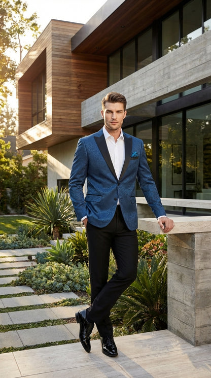 Slim Fitted Mens Teal Blue Jacquard Paisley Blazer – Black Peak Lapel Formal Dinner Jacket Slim Fit