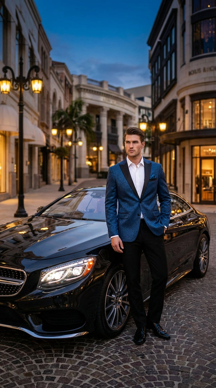 Slim Fitted Mens Teal Blue Jacquard Paisley Blazer – Black Peak Lapel Formal Dinner Jacket Slim Fit