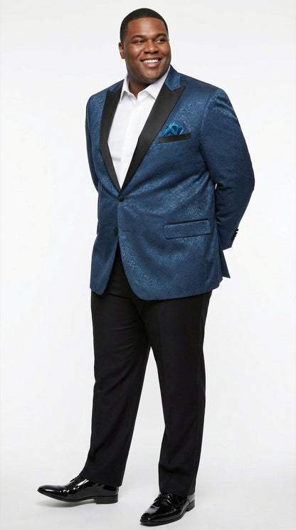 Slim Fitted Mens Teal Blue Jacquard Paisley Blazer – Black Peak Lapel Formal Dinner Jacket Slim Fit