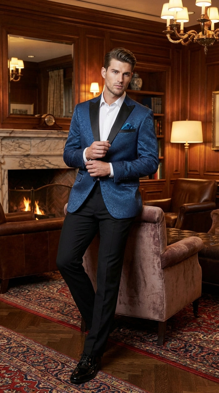 Slim Fitted Mens Teal Blue Jacquard Paisley Blazer – Black Peak Lapel Formal Dinner Jacket Slim Fit