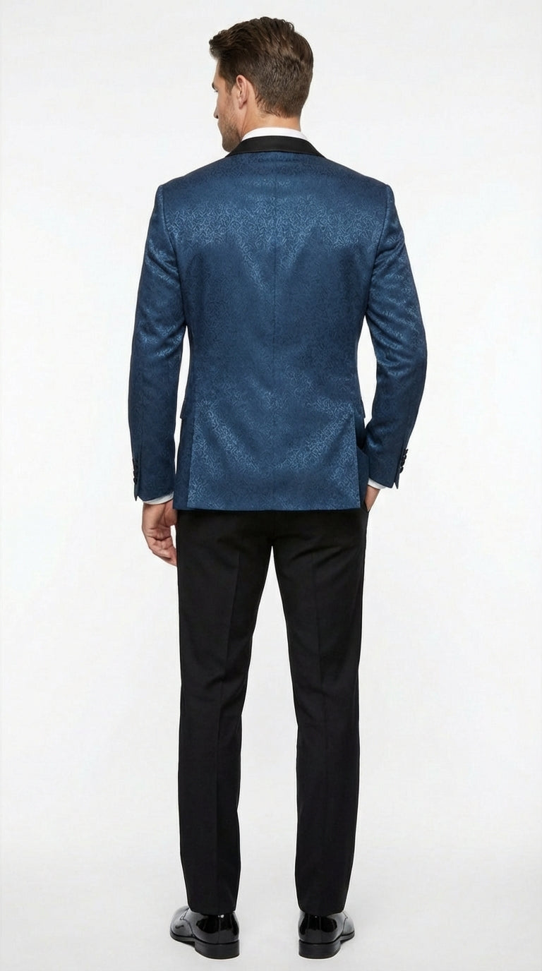 Slim Fitted Mens Teal Blue Jacquard Paisley Blazer – Black Peak Lapel Formal Dinner Jacket Slim Fit