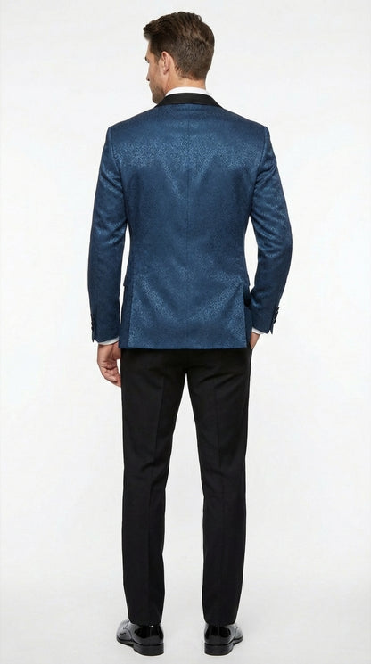 Slim Fitted Mens Teal Blue Jacquard Paisley Blazer – Black Peak Lapel Formal Dinner Jacket Slim Fit
