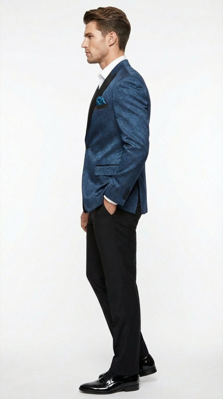 Slim Fitted Mens Teal Blue Jacquard Paisley Blazer – Black Peak Lapel Formal Dinner Jacket Slim Fit