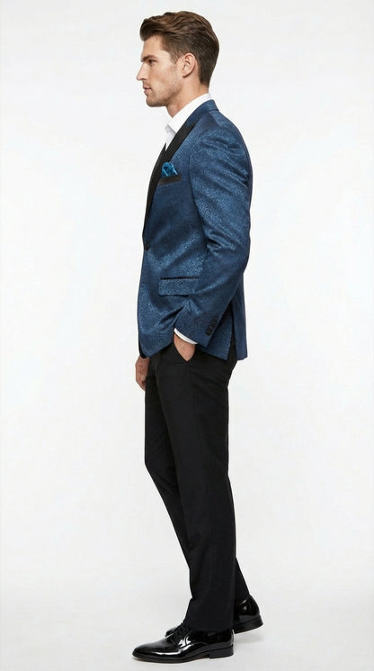 Slim Fitted Mens Teal Blue Jacquard Paisley Blazer – Black Peak Lapel Formal Dinner Jacket Slim Fit