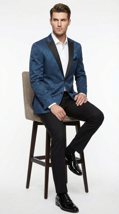 Slim Fitted Mens Teal Blue Jacquard Paisley Blazer – Black Peak Lapel Formal Dinner Jacket Slim Fit