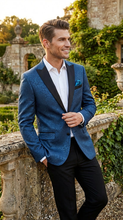 Slim Fitted Mens Teal Blue Jacquard Paisley Blazer – Black Peak Lapel Formal Dinner Jacket Slim Fit