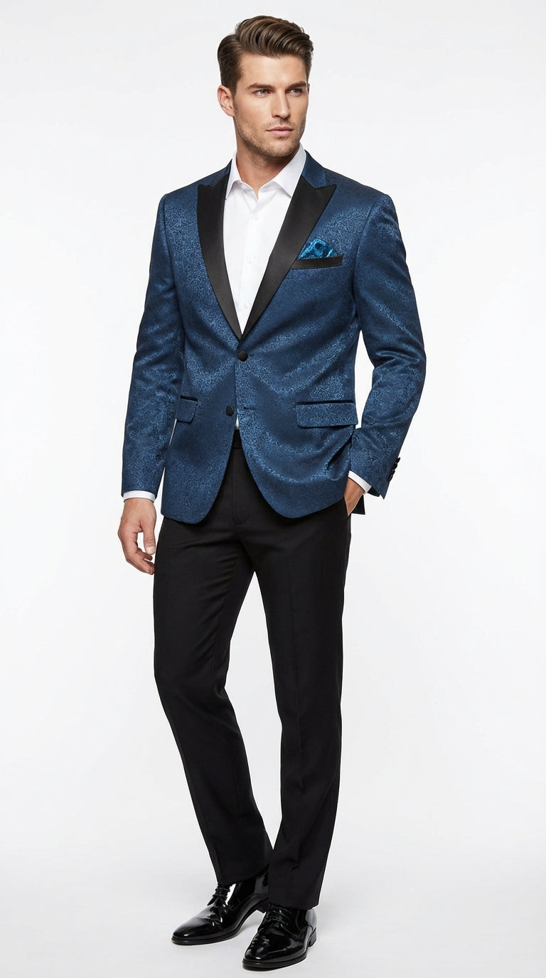 Slim Fitted Mens Teal Blue Jacquard Paisley Blazer – Black Peak Lapel Formal Dinner Jacket Slim Fit