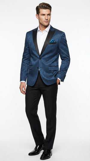Slim Fitted Mens Teal Blue Jacquard Paisley Blazer – Black Peak Lapel Formal Dinner Jacket Slim Fit