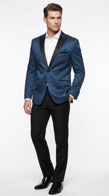 Mens Teal Blue Jacquard Paisley Blazer – Black Peak Lapel Formal Dinner Jacket Slim Fit