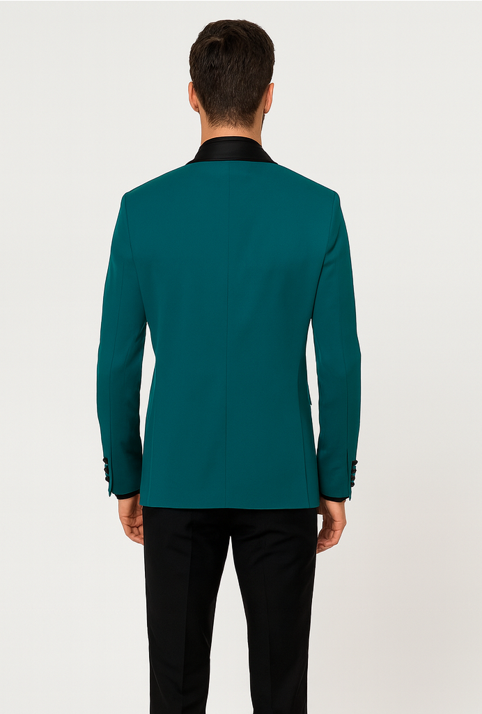 Men's Teal Blue Velvet Tuxedo with Black Satin Lapel and Bow Tie + Black Pants - Image 2