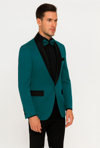 Men's Teal Blue Velvet Tuxedo with Black Satin Lapel and Bow Tie + Black Pants - Image 3