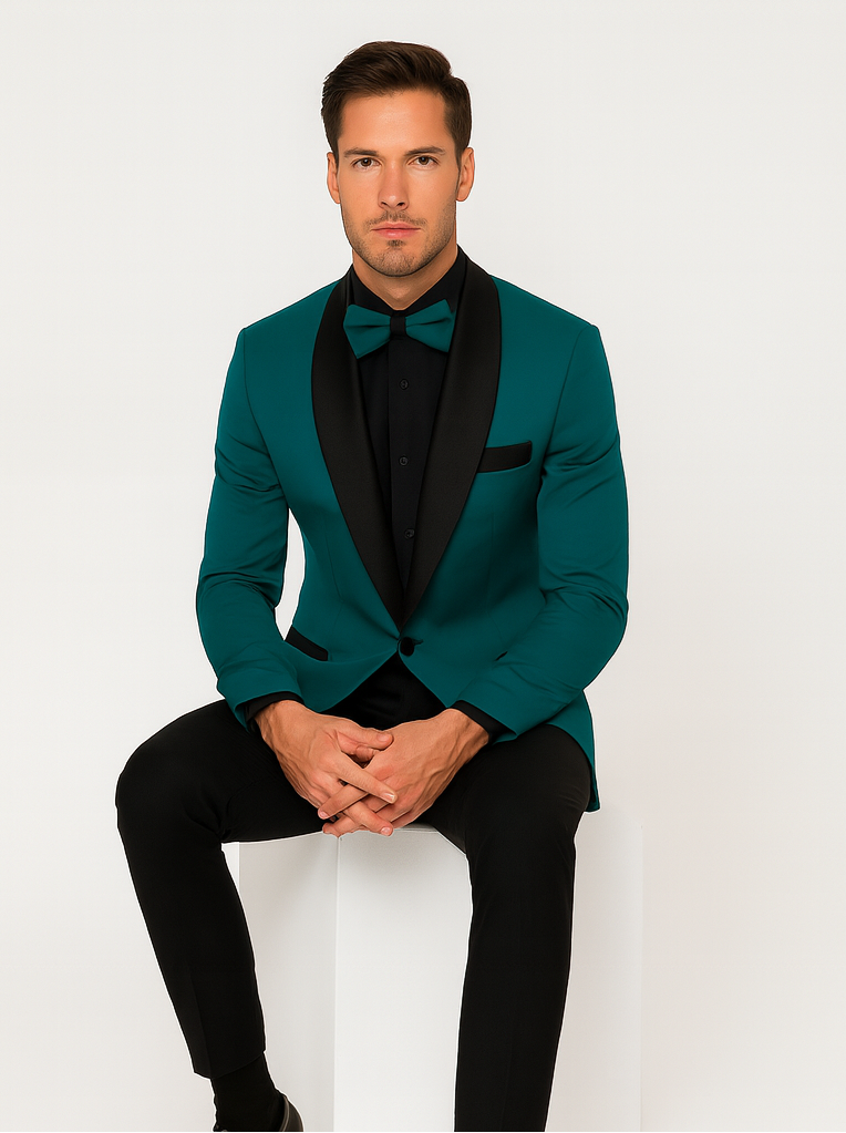 Men's Teal Blue Velvet Tuxedo with Black Satin Lapel and Bow Tie + Black Pants - Image 8