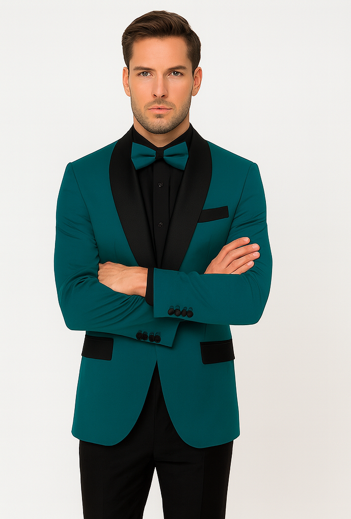 Men's Teal Blue Velvet Tuxedo with Black Satin Lapel and Bow Tie + Black Pants - Image 4