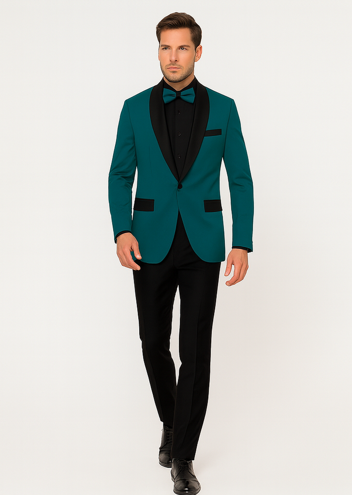 Men's Teal Blue Velvet Tuxedo with Black Satin Lapel and Bow Tie + Black Pants - Image 5