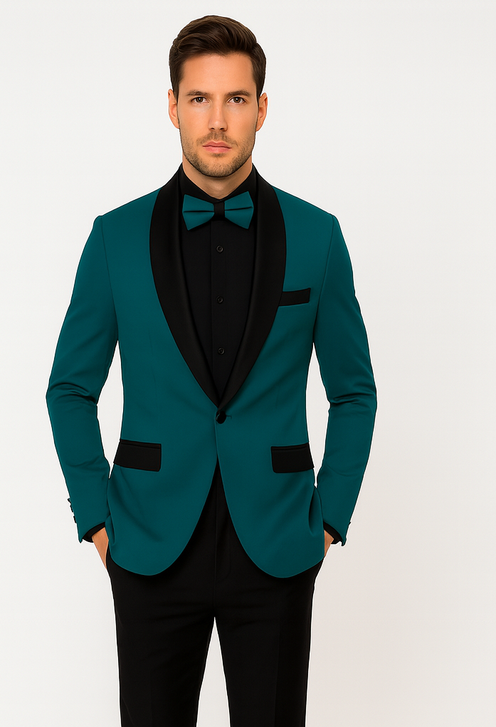 Men's Teal Blue Velvet Tuxedo with Black Satin Lapel and Bow Tie + Black Pants - Image 6