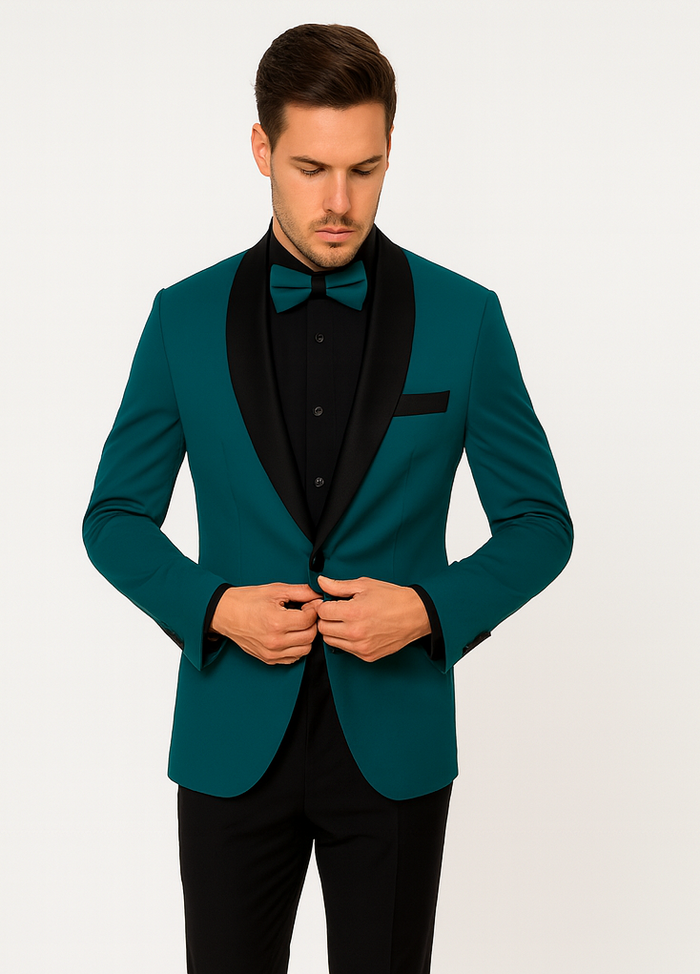 Men's Teal Blue Velvet Tuxedo with Black Satin Lapel and Bow Tie + Black Pants - Image 7