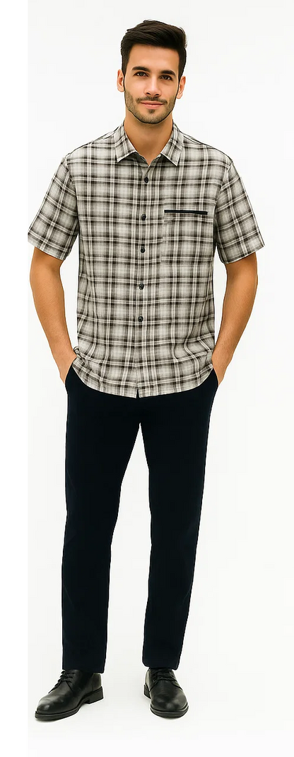 Mens Textured Plaid Walking Suit in black/white by Dreams by Zacchi – 2 Piece Leisure Outfit with Matching Shirt and Pants - $99