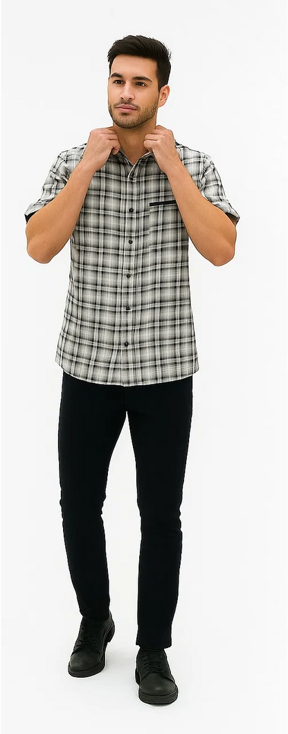 Mens Textured Plaid Walking Suit in black/white by Dreams by Zacchi – 2 Piece Leisure Outfit with Matching Shirt and Pants - $99
