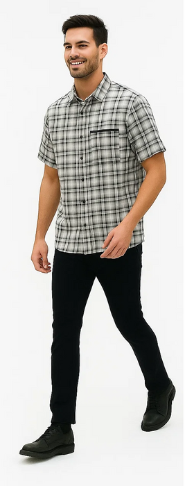 Mens Textured Plaid Walking Suit in black/white by Dreams by Zacchi – 2 Piece Leisure Outfit with Matching Shirt and Pants - $99