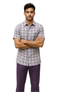 Mens Textured Plaid Walking Suit in Lavender/Off White by Dreams by Zacchi – 2 Piece Leisure Outfit with matching shirt and pant -$99