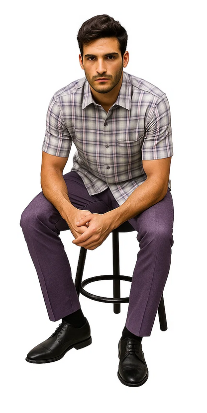 Mens Textured Plaid Walking Suit in Lavender/Off White by Dreams by Zacchi – 2 Piece Leisure Outfit with matching shirt and pant -$99