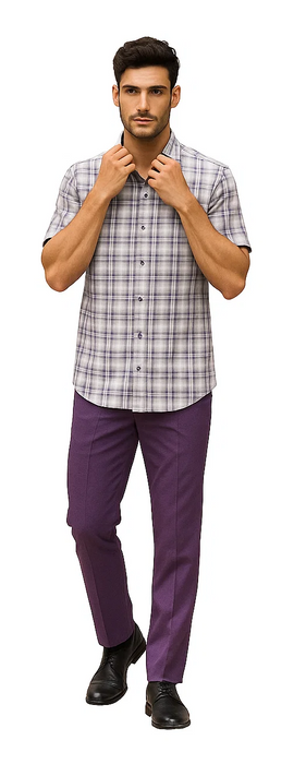 Mens Textured Plaid Walking Suit in Lavender/Off White by Dreams by Zacchi – 2 Piece Leisure Outfit with matching shirt and pant -$99