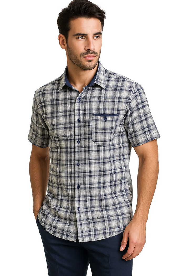 Mens Textured Plaid Walking Suit in Navy/white by Dreams by Zacchi – 2 Piece Leisure Outfit with Matching Shirt and Pants - $99