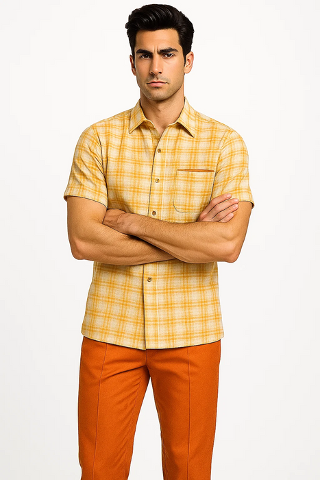 Mens Textured Plaid Walking Suit in Orange/Cream by Dreams by Zacchi – 2 Piece Leisure Outfit with matching shirt and pant -$99