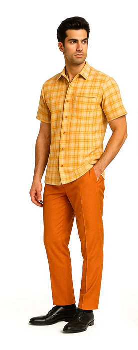 Mens Textured Plaid Walking Suit in Orange/Cream by Dreams by Zacchi – 2 Piece Leisure Outfit with matching shirt and pant -$99