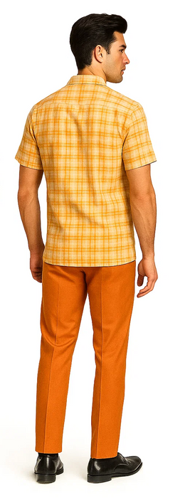 Mens Textured Plaid Walking Suit in Orange/Cream by Dreams by Zacchi – 2 Piece Leisure Outfit with matching shirt and pant -$99