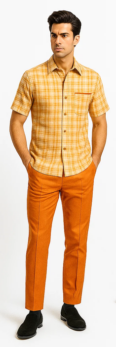 Mens Textured Plaid Walking Suit in Orange/Cream by Dreams by Zacchi – 2 Piece Leisure Outfit with matching shirt and pant -$99