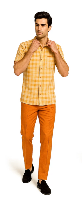 Mens Textured Plaid Walking Suit in Orange/Cream by Dreams by Zacchi – 2 Piece Leisure Outfit with matching shirt and pant -$99