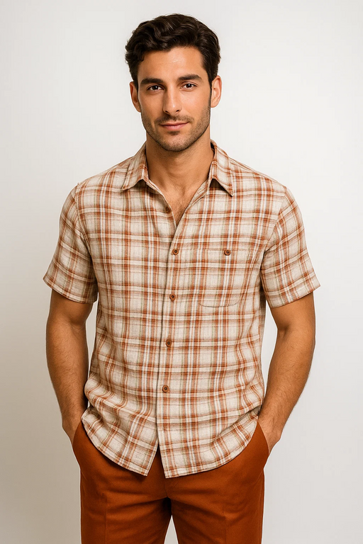 Mens Textured Plaid Walking Suit in Papaya/Cream by Dreams by Zacchi – 2 Piece Leisure Outfit with matching shirt and pant -$99