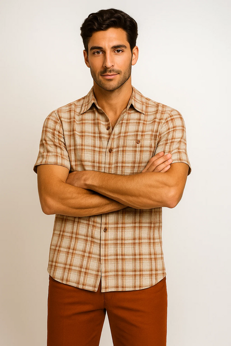 Mens Textured Plaid Walking Suit in Papaya/Cream by Dreams by Zacchi – 2 Piece Leisure Outfit with matching shirt and pant -$99