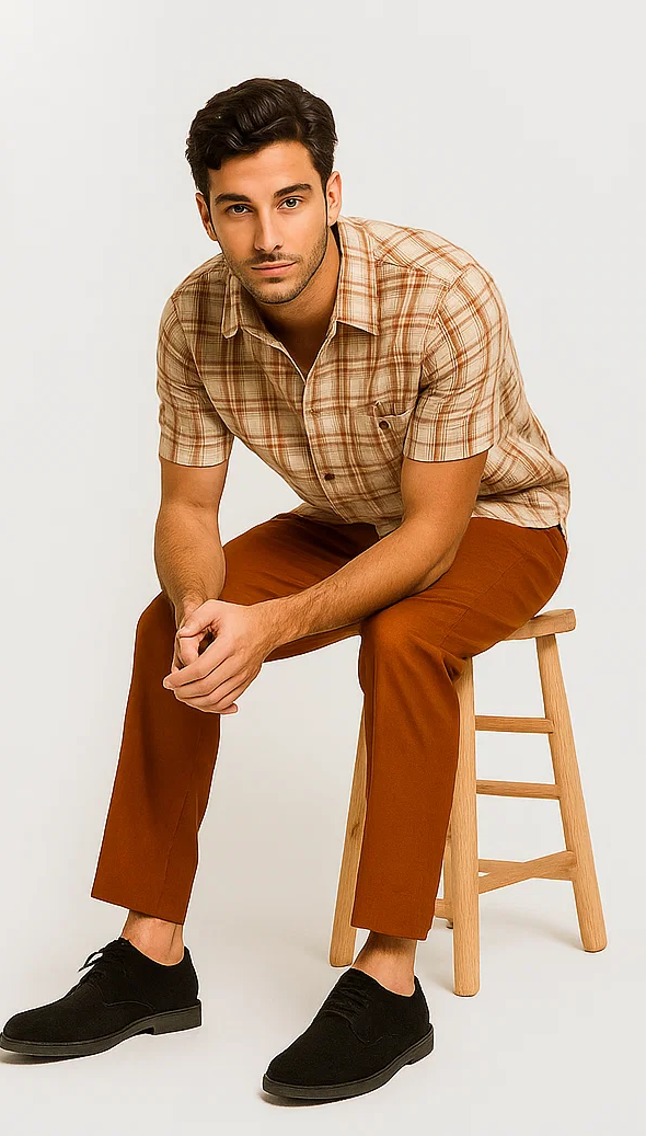 Mens Textured Plaid Walking Suit in Papaya/Cream by Dreams by Zacchi – 2 Piece Leisure Outfit with matching shirt and pant -$99