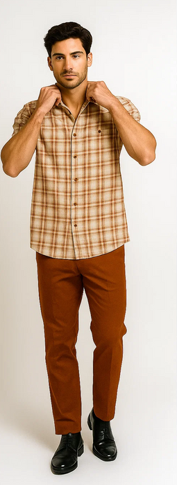 Mens Textured Plaid Walking Suit in Papaya/Cream by Dreams by Zacchi – 2 Piece Leisure Outfit with matching shirt and pant -$99