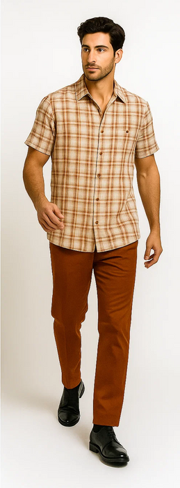Mens Textured Plaid Walking Suit in Papaya/Cream by Dreams by Zacchi – 2 Piece Leisure Outfit with matching shirt and pant -$99