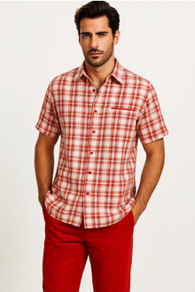 Mens Textured Plaid Walking Suit in Red/Off White by Dreams by Zacchi – 2 Piece Leisure Outfit with matching shirt and pant -$99