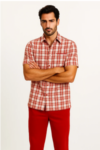 Mens Textured Plaid Walking Suit in Red/Off White by Dreams by Zacchi – 2 Piece Leisure Outfit with matching shirt and pant -$99