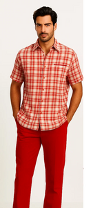 Mens Textured Plaid Walking Suit in Red/Off White by Dreams by Zacchi – 2 Piece Leisure Outfit with matching shirt and pant -$99