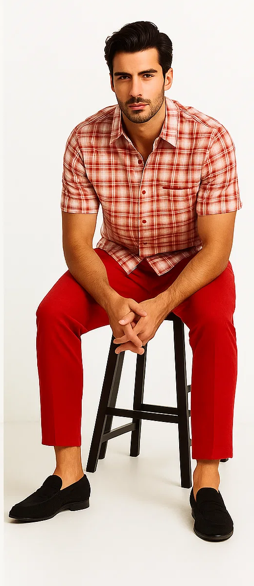 Mens Textured Plaid Walking Suit in Red/Off White by Dreams by Zacchi – 2 Piece Leisure Outfit with matching shirt and pant -$99