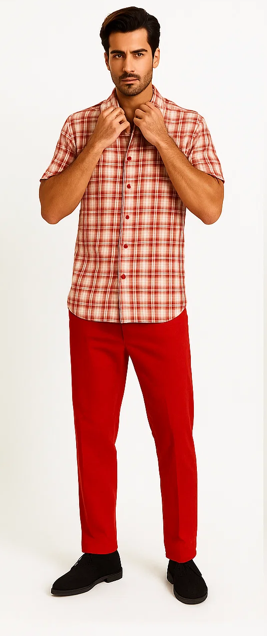 Mens Textured Plaid Walking Suit in Red/Off White by Dreams by Zacchi – 2 Piece Leisure Outfit with matching shirt and pant -$99