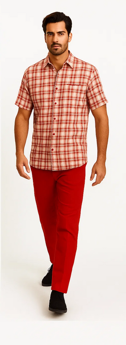Mens Textured Plaid Walking Suit in Red/Off White by Dreams by Zacchi – 2 Piece Leisure Outfit with matching shirt and pant -$99